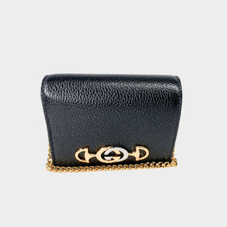 Gucci-Zumi-card-holder-black-leather-gold-chain