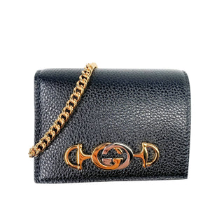 Gucci-Zumi-card-holder-black-leather-gold-chain